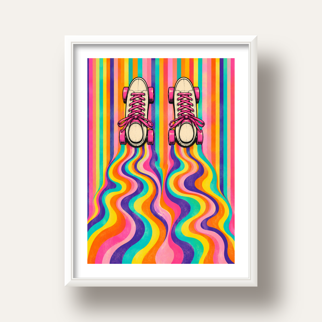 Retro Paten ve Renkli Çizgiler Dijital Poster Baskısı — beyaz derin çerçeveli paspartulu