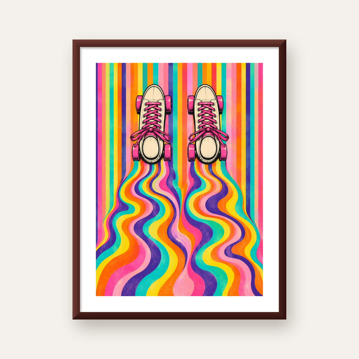 Retro Paten ve Renkli Çizgiler Dijital Poster Baskısı — ceviz çerçeveli paspartulu