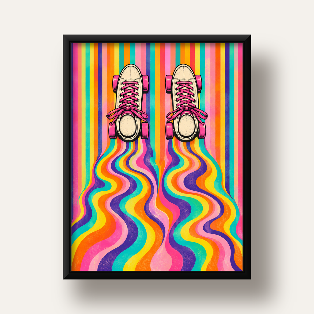 Retro Paten ve Renkli Çizgiler Dijital Poster Baskısı — siyah derin çerçeveli