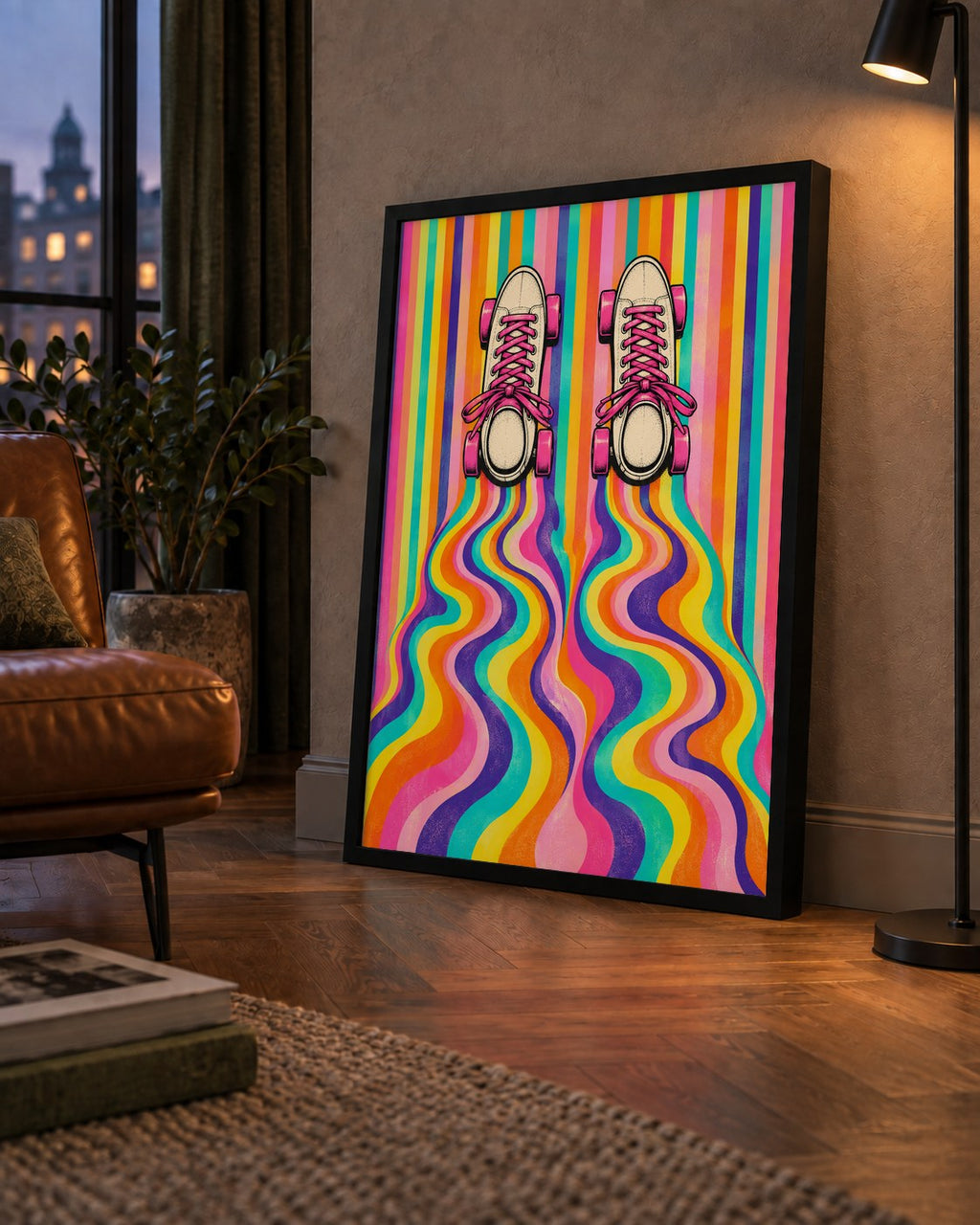 Retro Paten ve Renkli Çizgiler Dijital Poster Baskısı — çerçeveli hâliyle bir ev duvarında