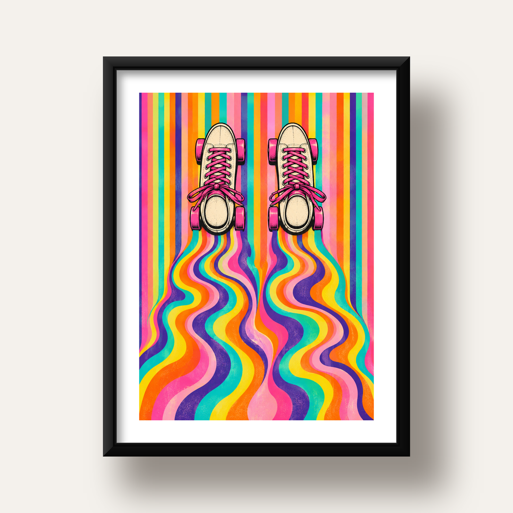 Retro Paten ve Renkli Çizgiler Dijital Poster Baskısı — siyah derin çerçeveli paspartulu