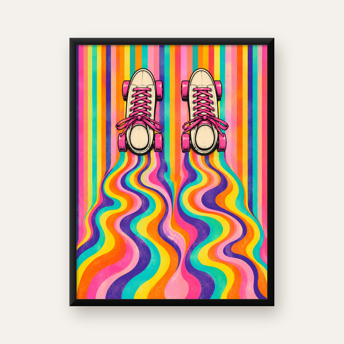 Retro Paten ve Renkli Çizgiler Dijital Poster Baskısı — Dikey baskı, düz siyah çerçeveli duvar posteri