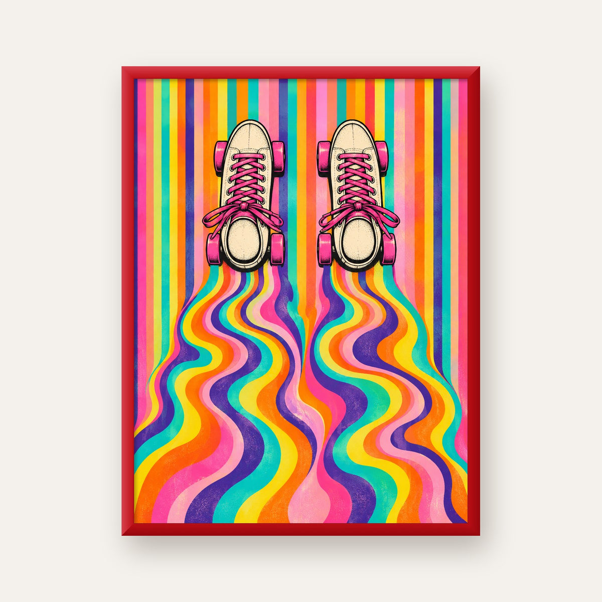 Retro Paten ve Renkli Çizgiler Dijital Poster Baskısı — kırmızı çerçeveli
