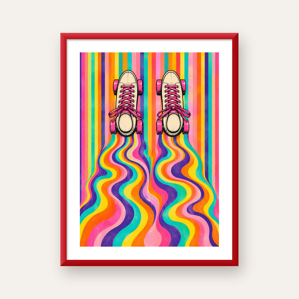 Retro Paten ve Renkli Çizgiler Dijital Poster Baskısı — kırmızı çerçeveli paspartulu