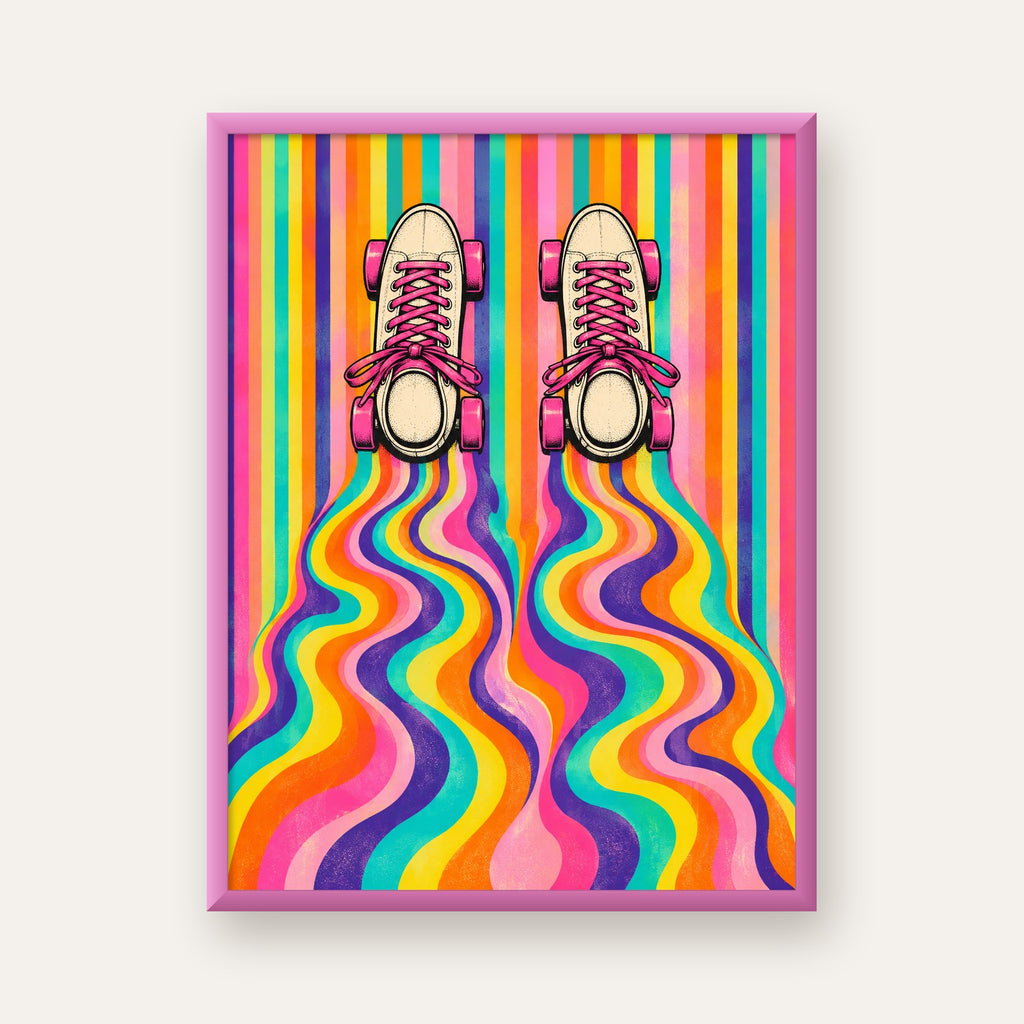 Retro Paten ve Renkli Çizgiler Dijital Poster Baskısı — pembe çerçeveli