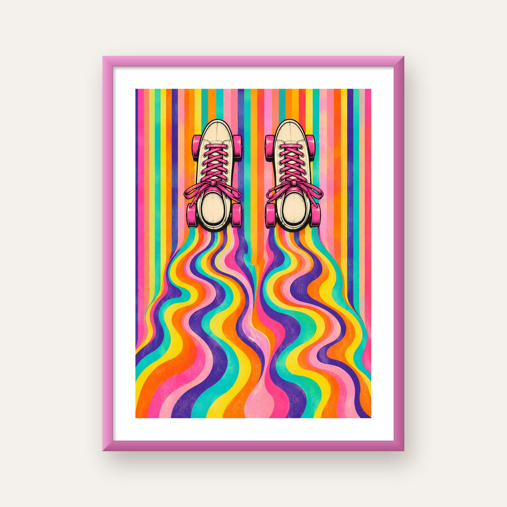 Retro Paten ve Renkli Çizgiler Dijital Poster Baskısı — pembe çerçeveli paspartulu