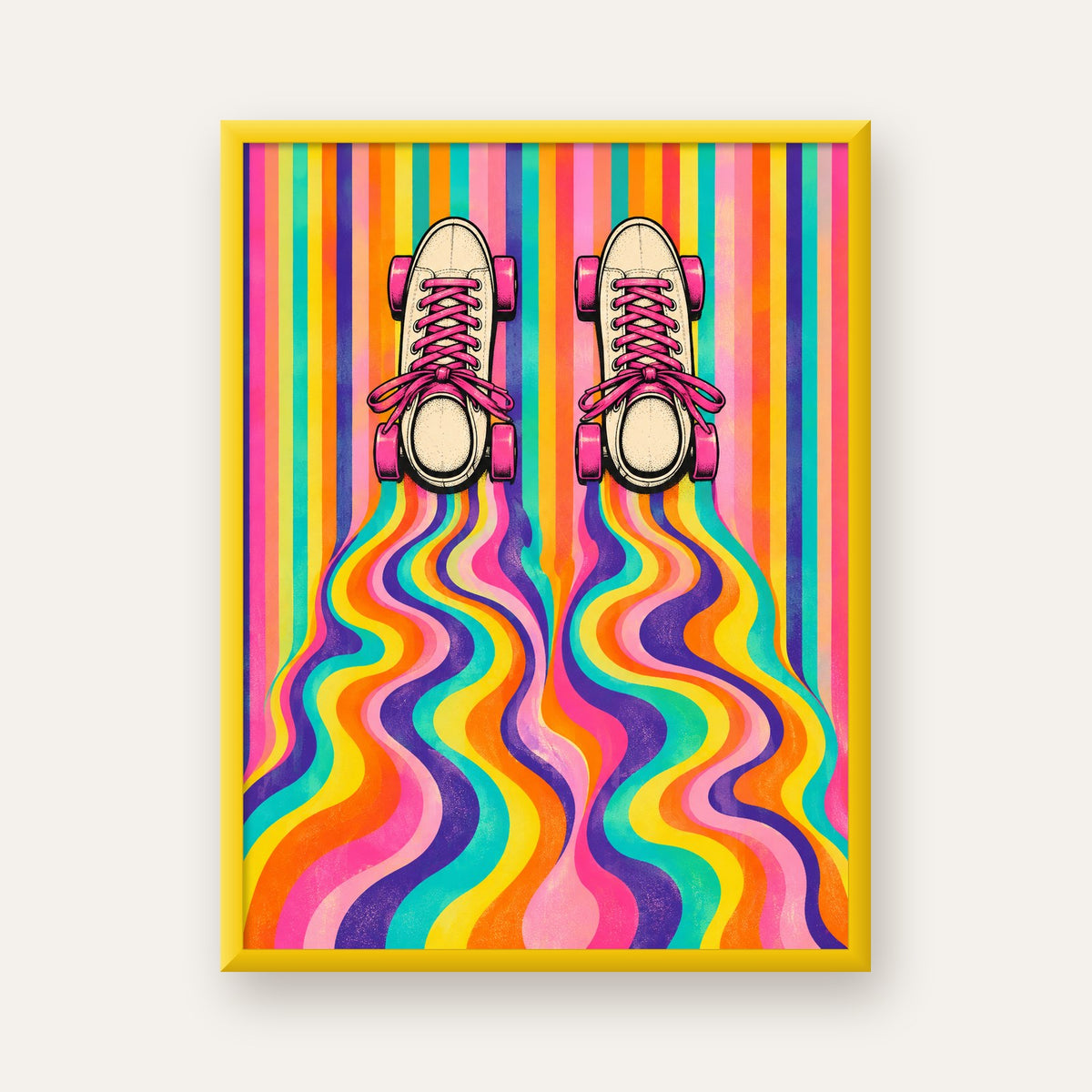 Retro Paten ve Renkli Çizgiler Dijital Poster Baskısı — sarı çerçeveli