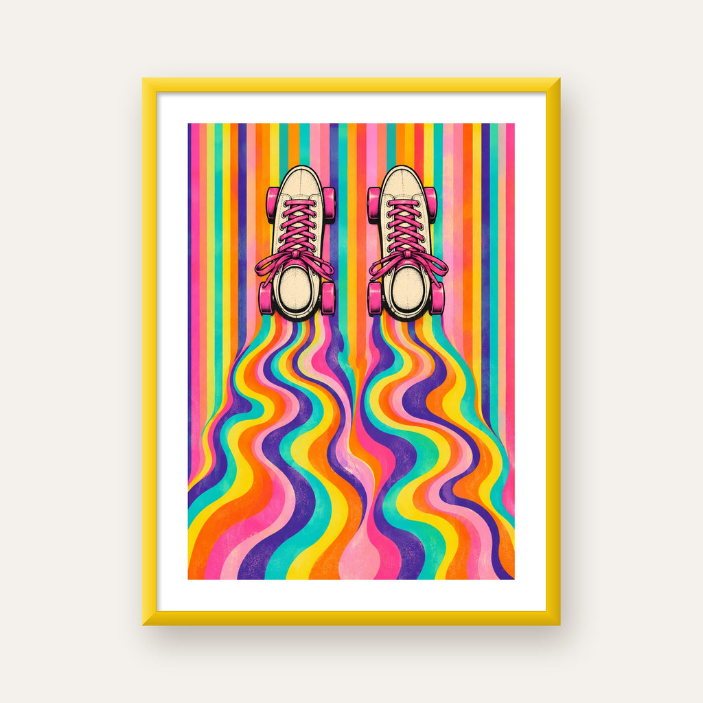 Retro Paten ve Renkli Çizgiler Dijital Poster Baskısı — sarı çerçeveli paspartulu
