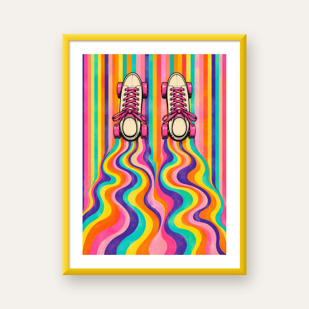 Retro Paten ve Renkli Çizgiler Dijital Poster Baskısı — sarı çerçeveli paspartulu