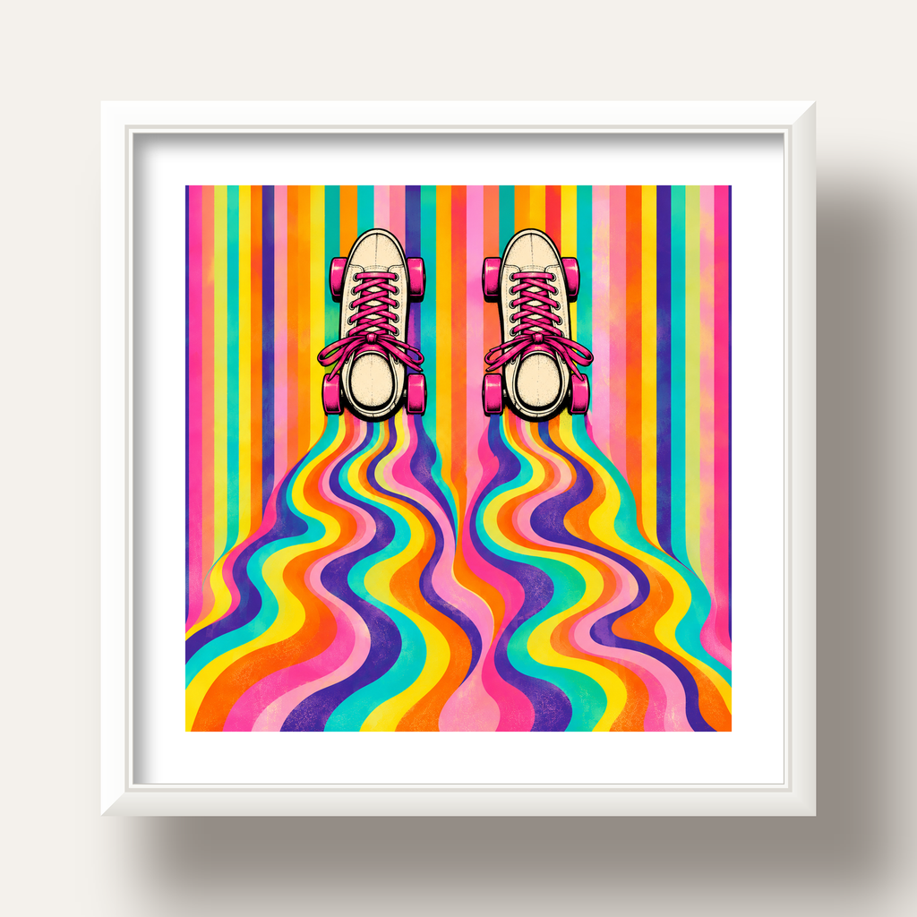 Retro Paten ve Renkli Çizgiler Dijital Poster Baskısı — beyaz derin çerçeveli paspartulu