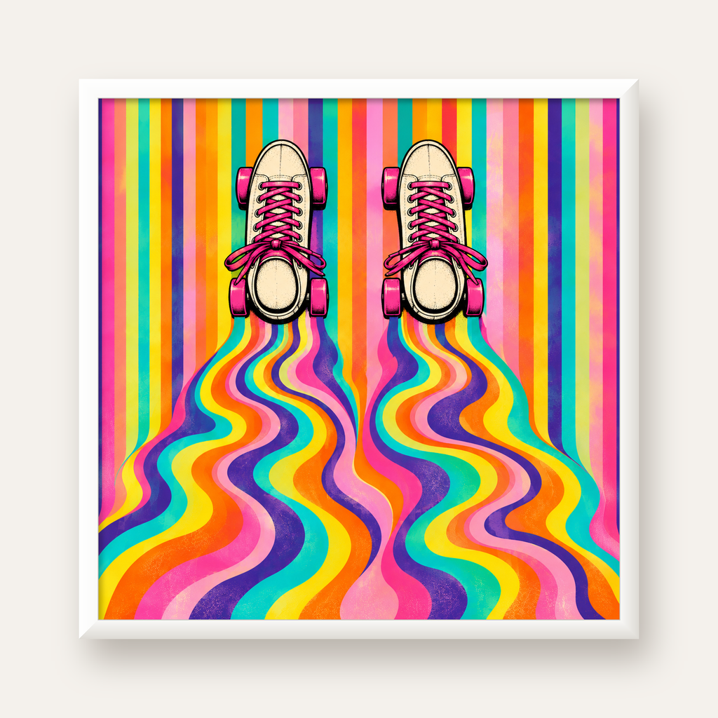 Retro Paten ve Renkli Çizgiler Dijital Poster Baskısı — beyaz çerçeveli kare poster