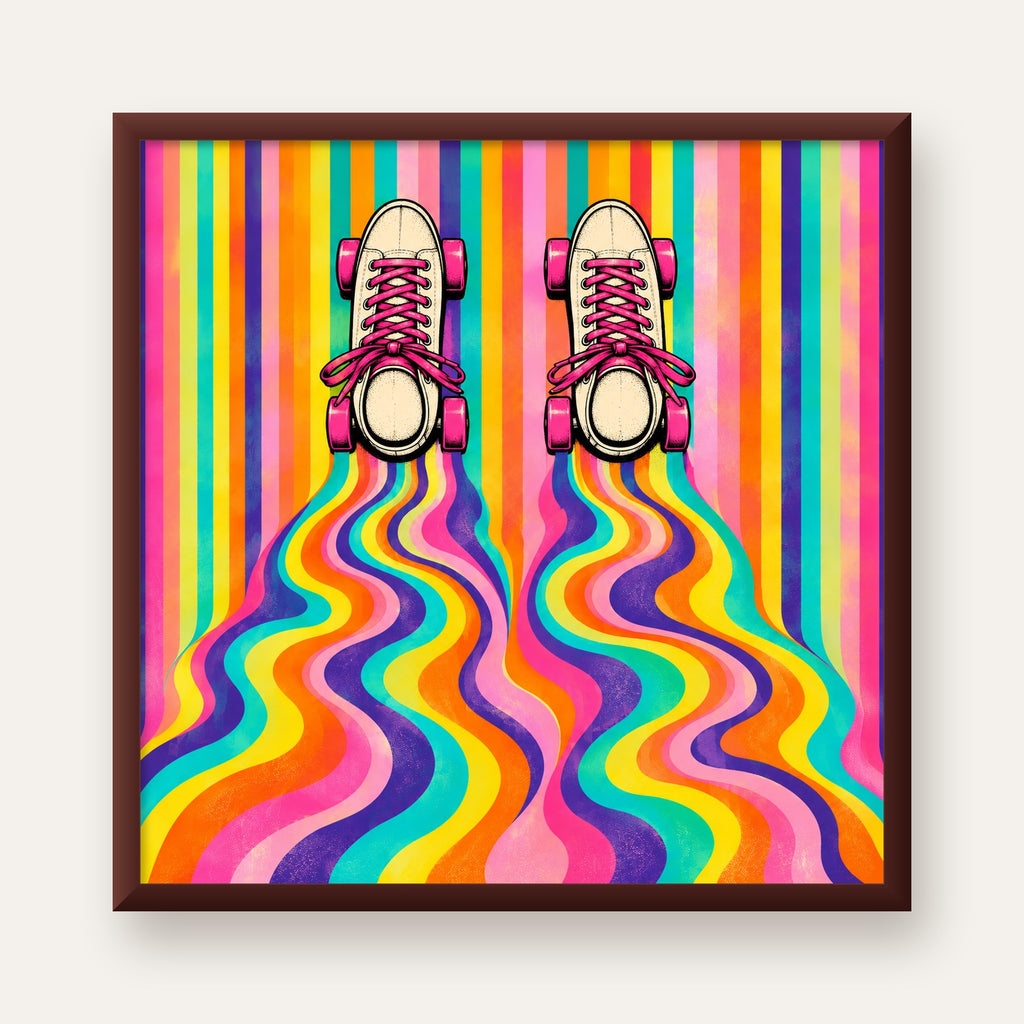 Retro Paten ve Renkli Çizgiler Dijital Poster Baskısı — ceviz çerçeveli