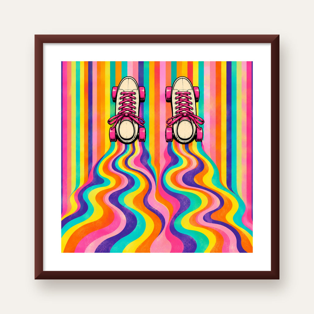 Retro Paten ve Renkli Çizgiler Dijital Poster Baskısı — ceviz çerçeveli paspartulu