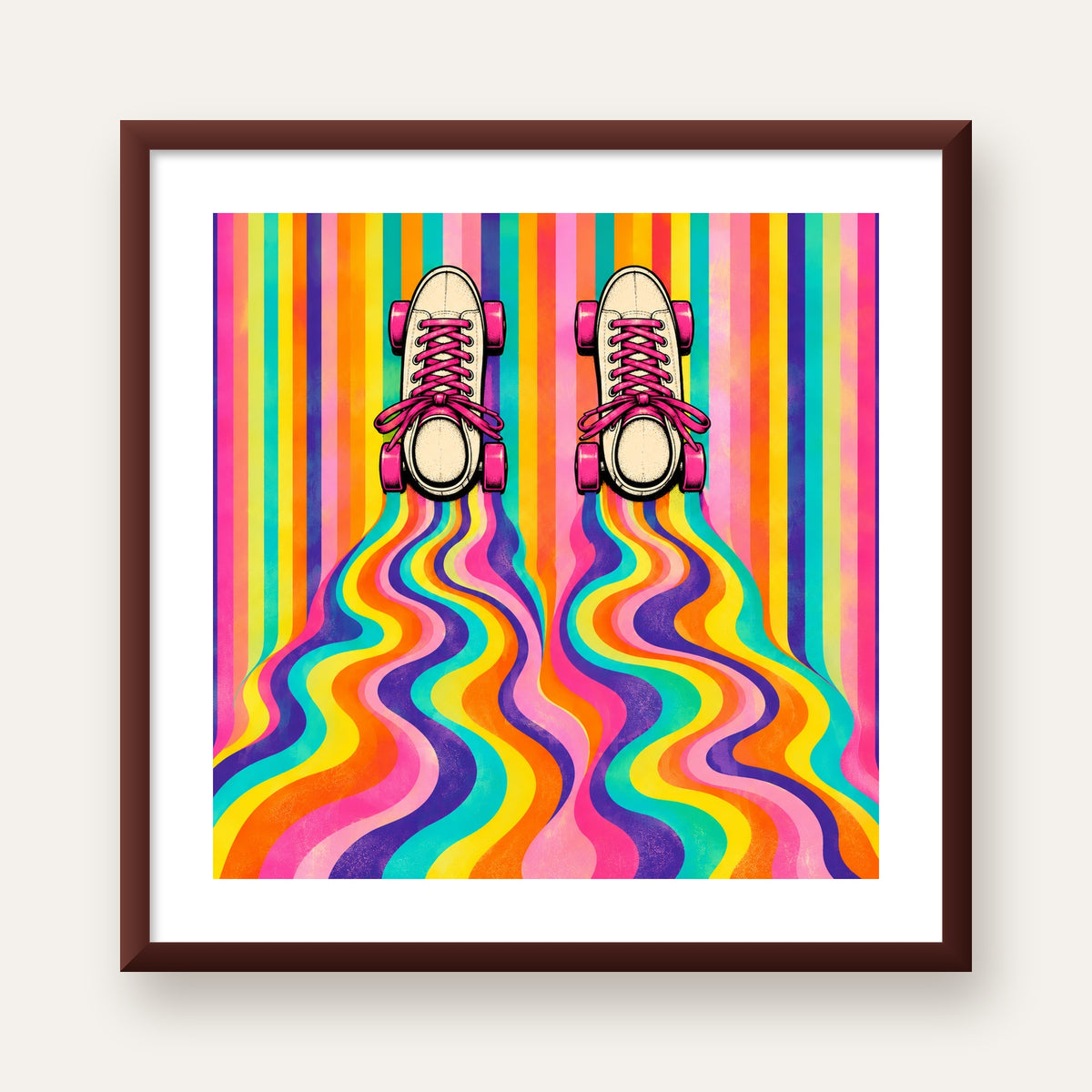 Retro Paten ve Renkli Çizgiler Dijital Poster Baskısı — ceviz çerçeveli paspartulu