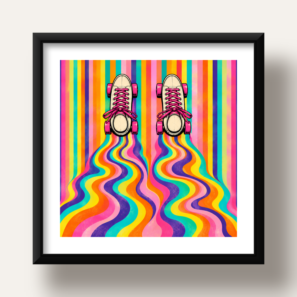 Retro Paten ve Renkli Çizgiler Dijital Poster Baskısı — siyah derin çerçeveli paspartulu