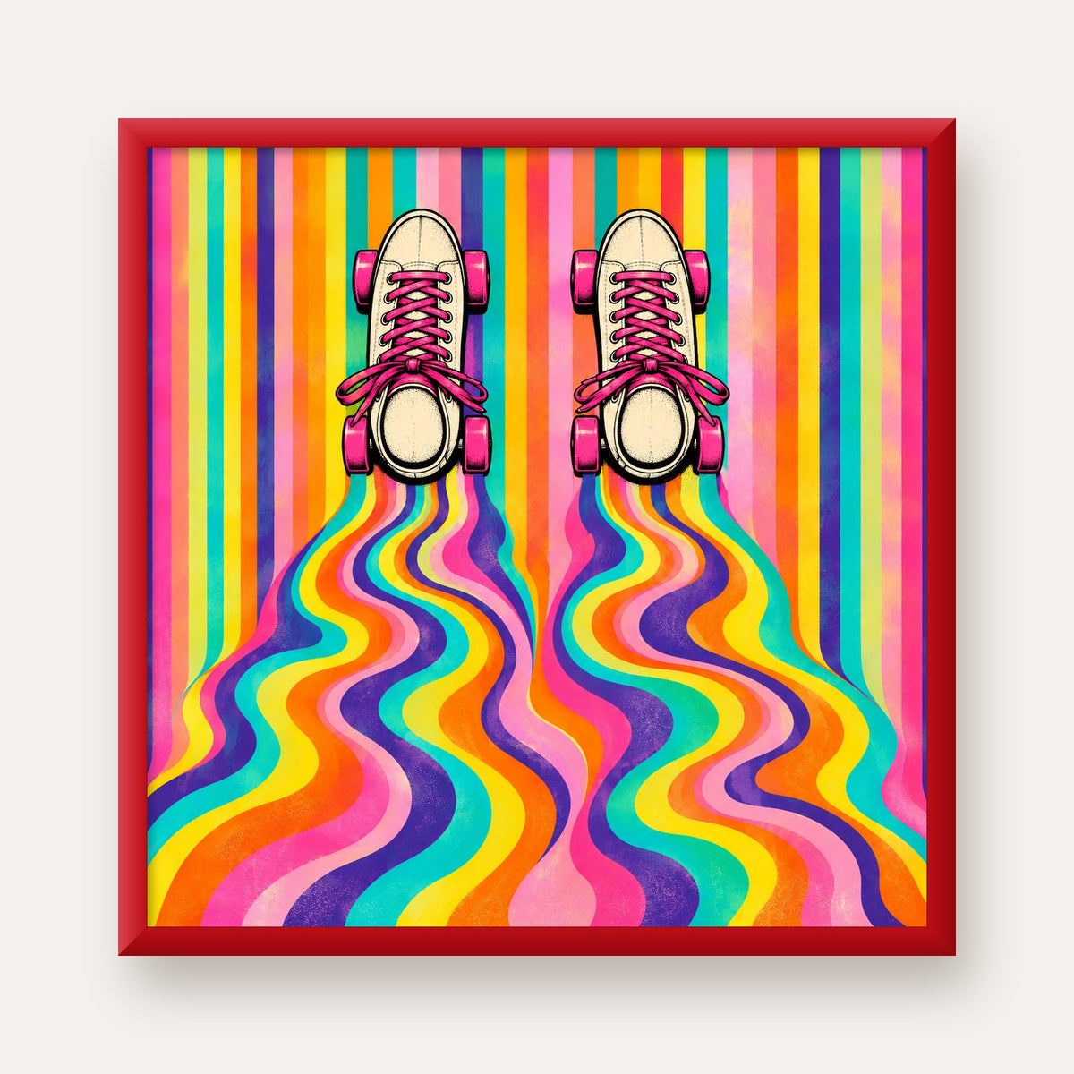 Retro Paten ve Renkli Çizgiler Dijital Poster Baskısı — kırmızı çerçeveli
