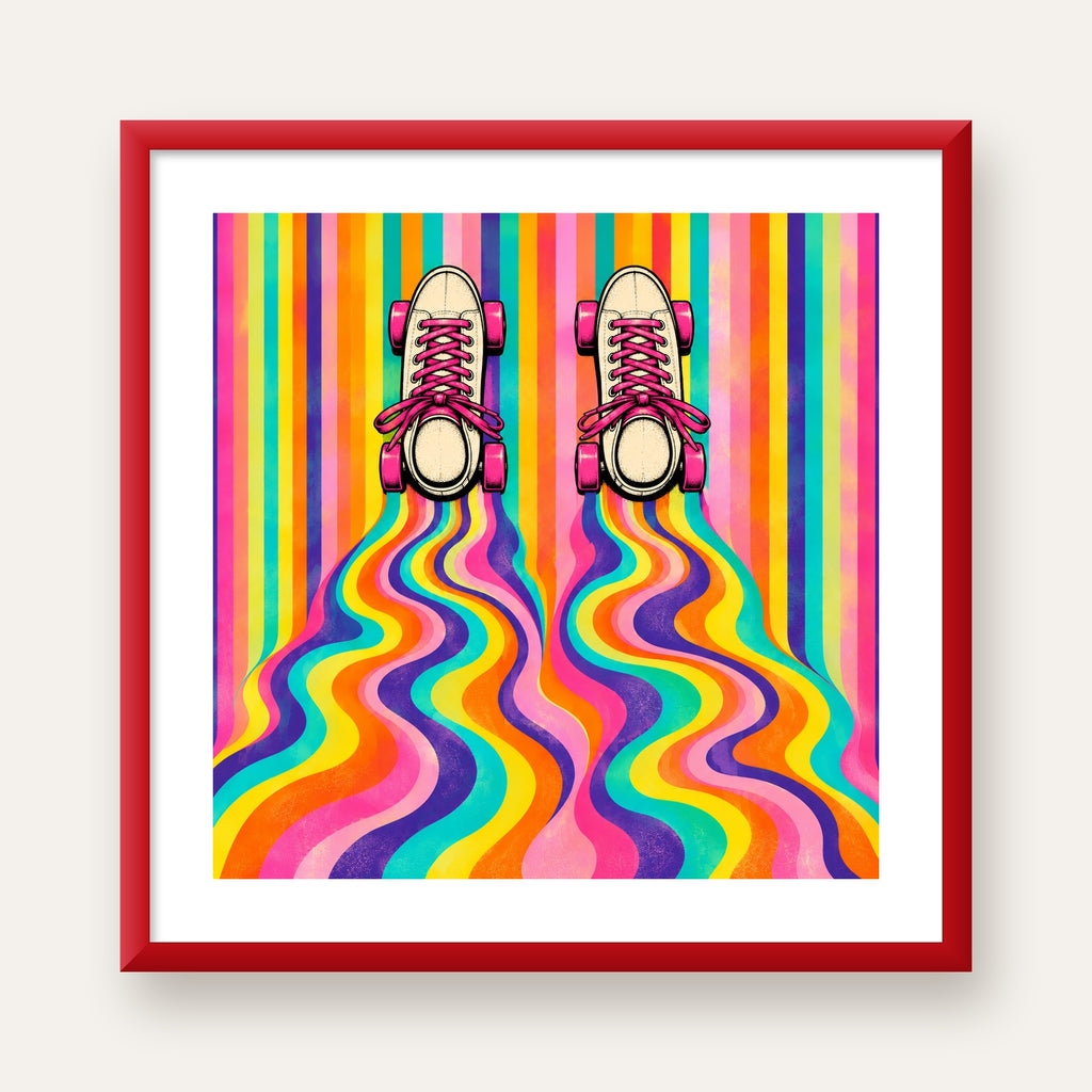 Retro Paten ve Renkli Çizgiler Dijital Poster Baskısı — kırmızı çerçeveli paspartulu