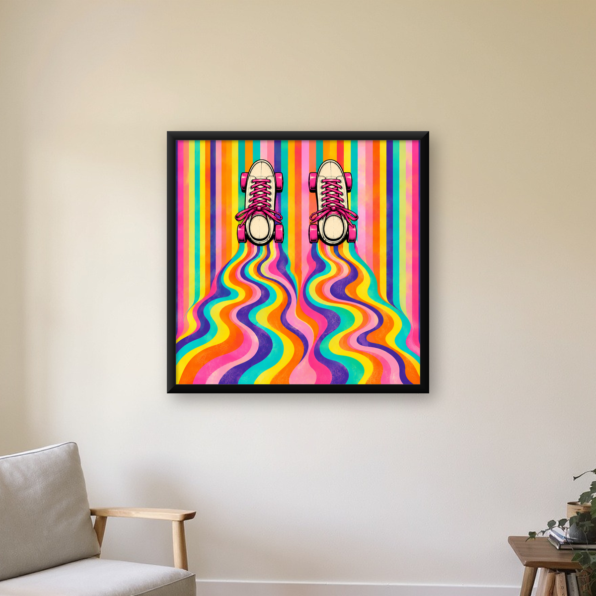 Retro Paten ve Renkli Çizgiler Dijital Poster Baskısı — Kare baskı, çerçeveli hâliyle bir ev duvarında