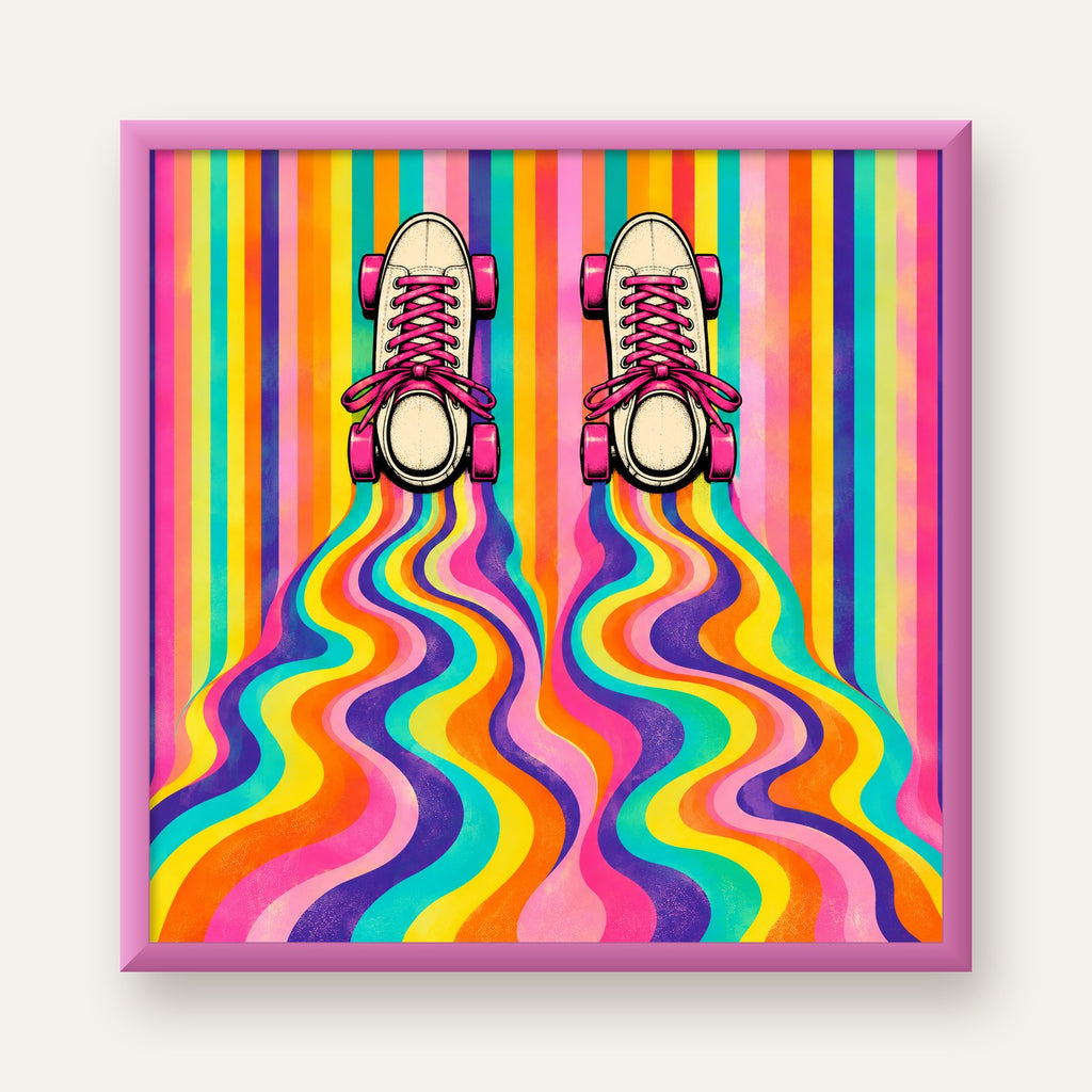 Retro Paten ve Renkli Çizgiler Dijital Poster Baskısı — pembe çerçeveli