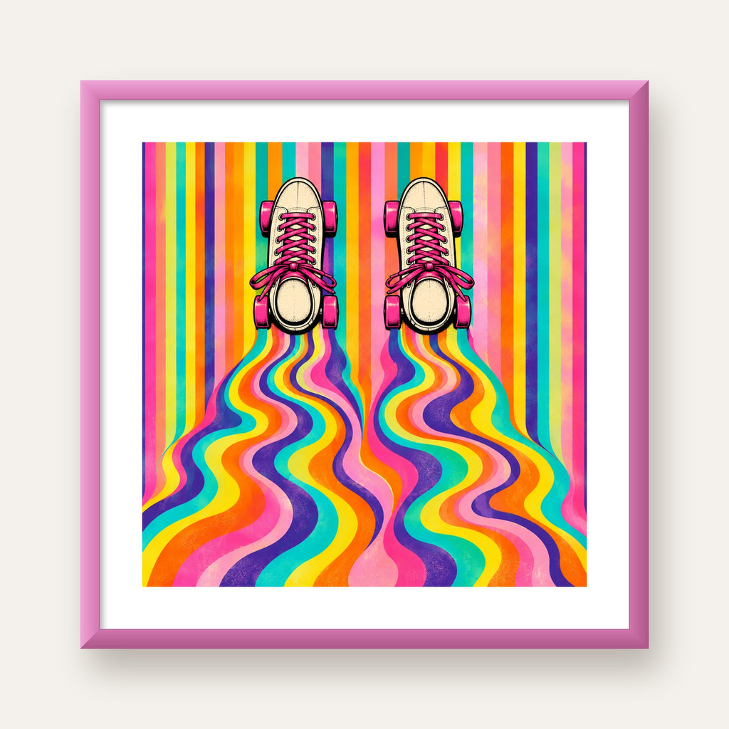 Retro Paten ve Renkli Çizgiler Dijital Poster Baskısı — pembe çerçeveli paspartulu