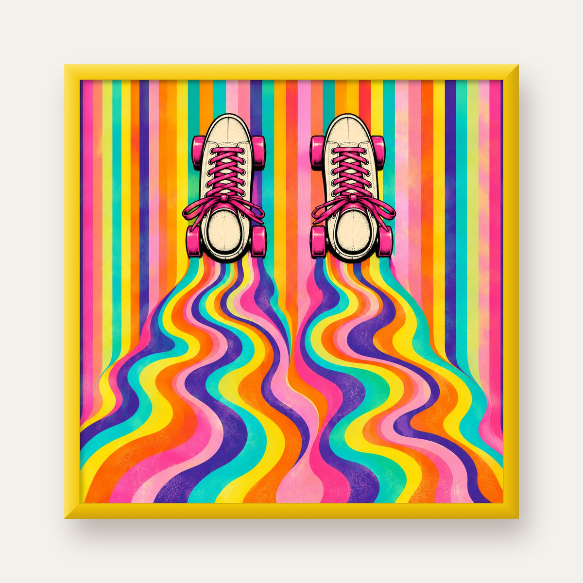 Retro Paten ve Renkli Çizgiler Dijital Poster Baskısı — sarı çerçeveli