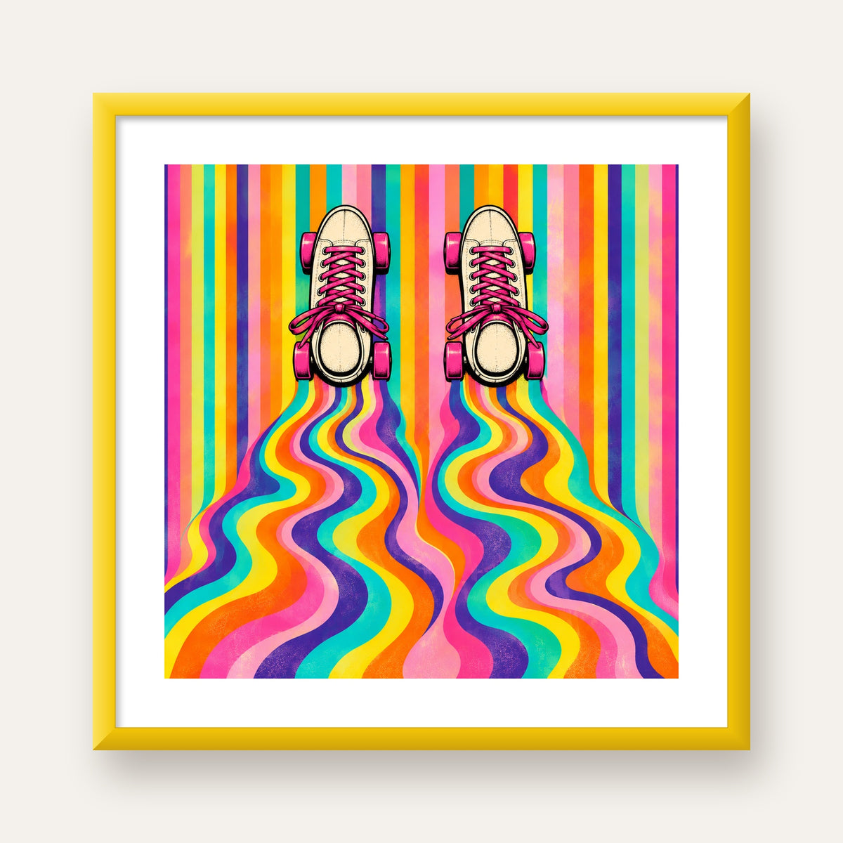Retro Paten ve Renkli Çizgiler Dijital Poster Baskısı — sarı çerçeveli paspartulu