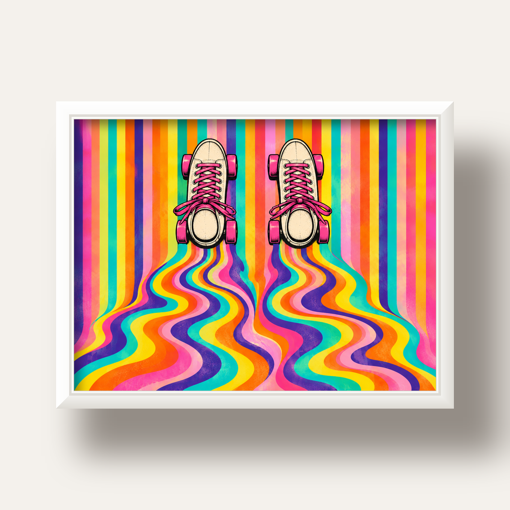 Retro Paten ve Renkli Çizgiler Dijital Poster Baskısı — beyaz derin çerçeveli