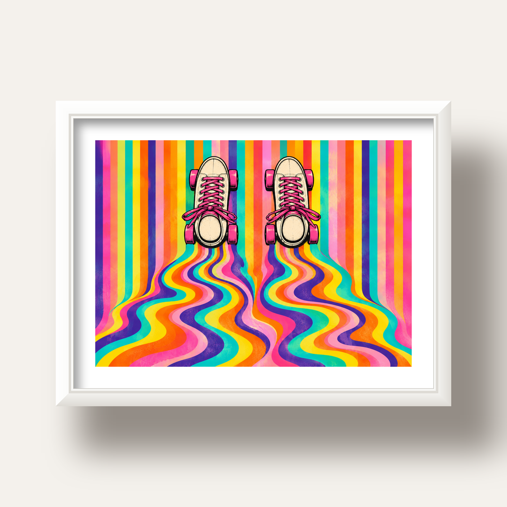 Retro Paten ve Renkli Çizgiler Dijital Poster Baskısı — beyaz derin çerçeveli paspartulu
