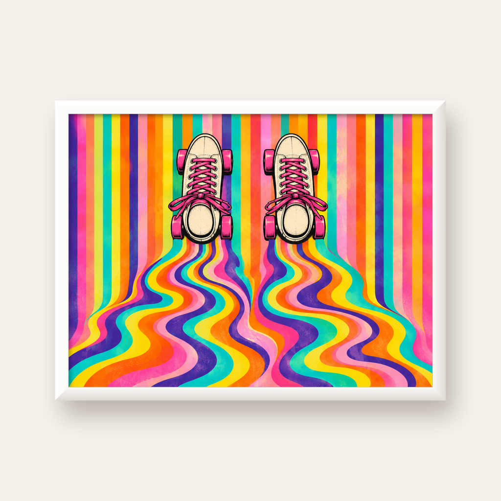 Retro Paten ve Renkli Çizgiler Dijital Poster Baskısı — beyaz çerçeveli yatay poster