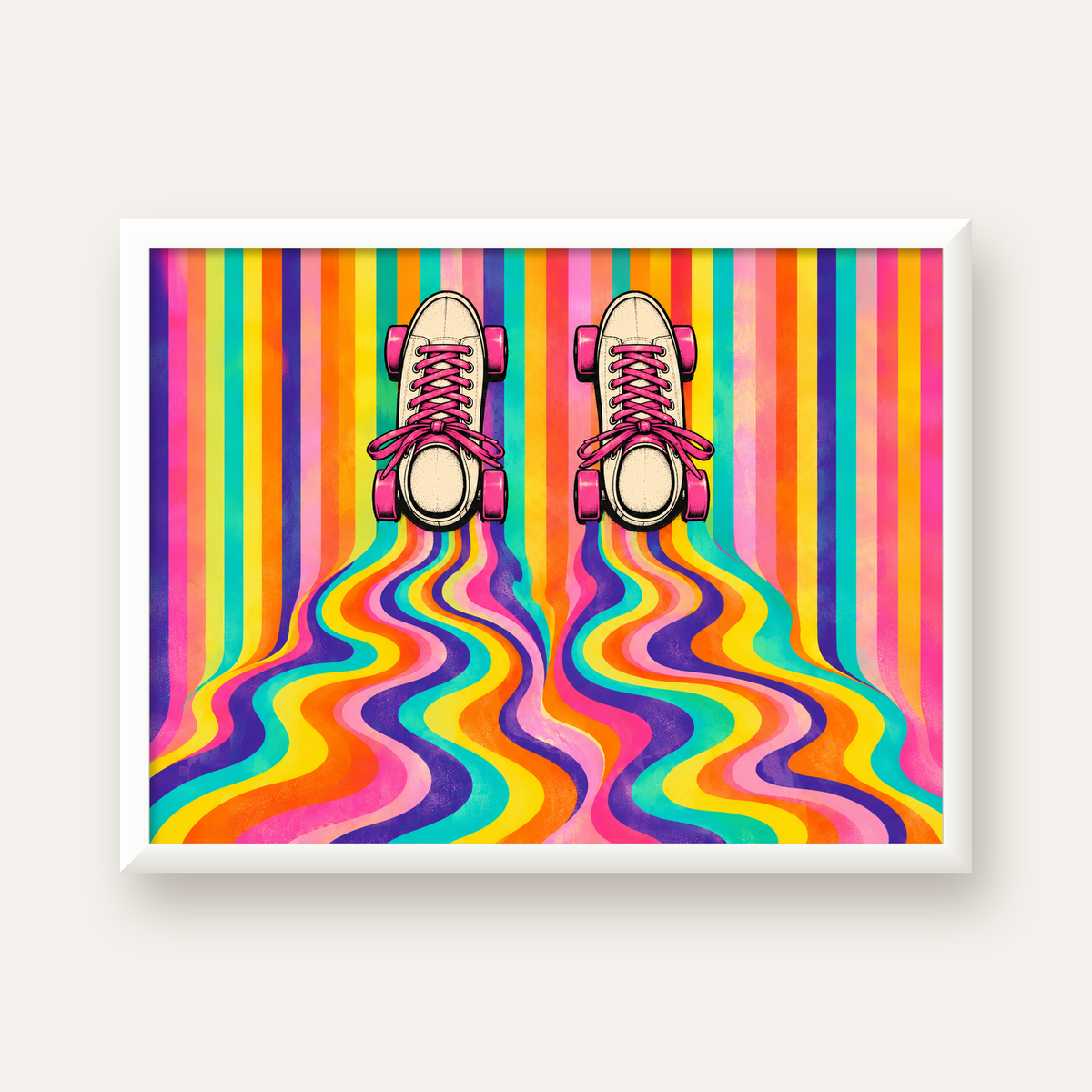 Retro Paten ve Renkli Çizgiler Dijital Poster Baskısı — beyaz çerçeveli yatay poster