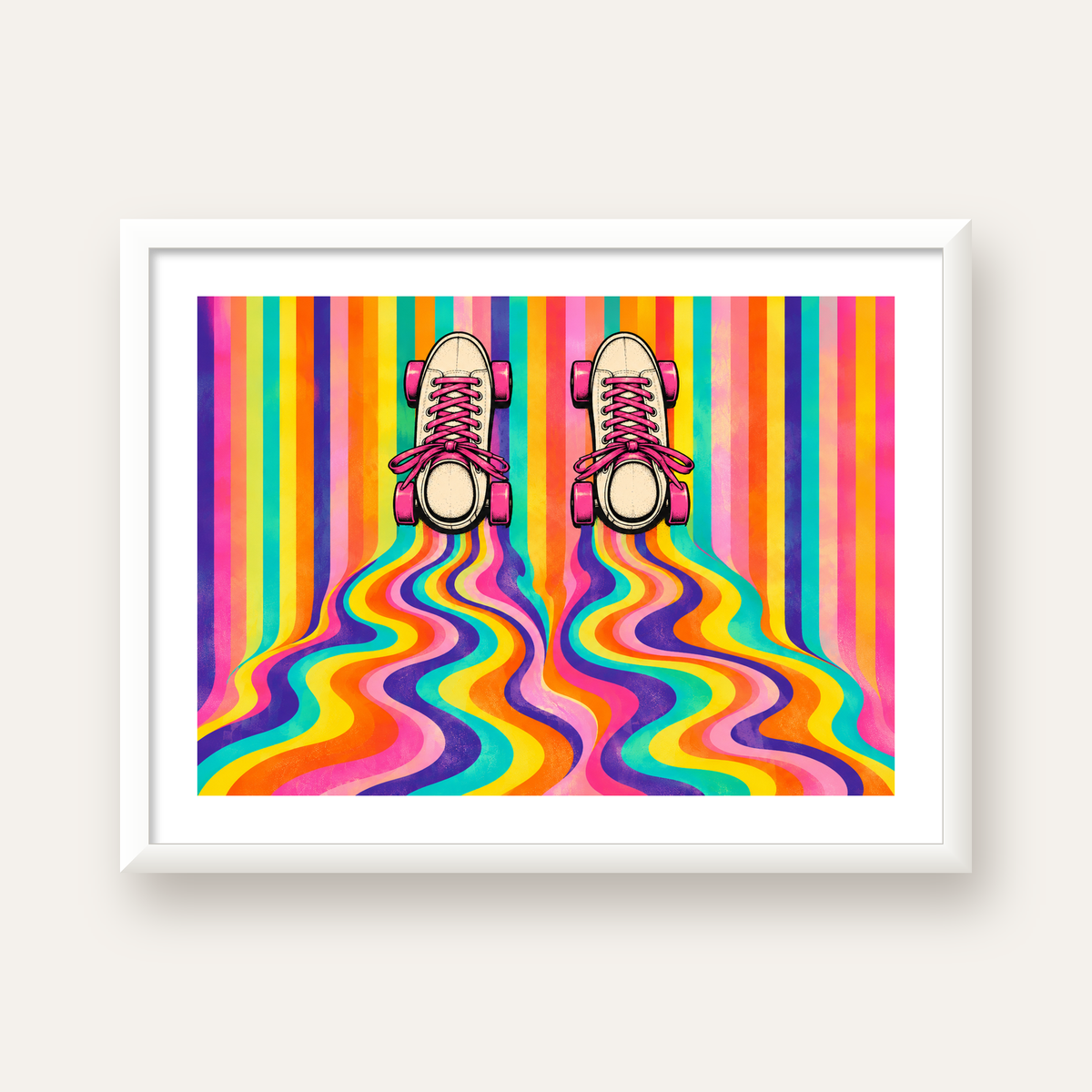 Retro Paten ve Renkli Çizgiler Dijital Poster Baskısı — beyaz çerçeveli yatay poster