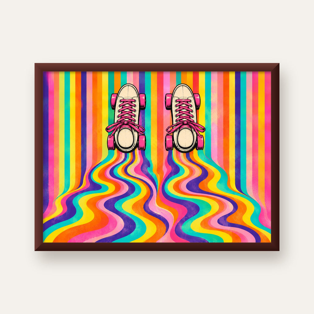 Retro Paten ve Renkli Çizgiler Dijital Poster Baskısı — ceviz çerçeveli