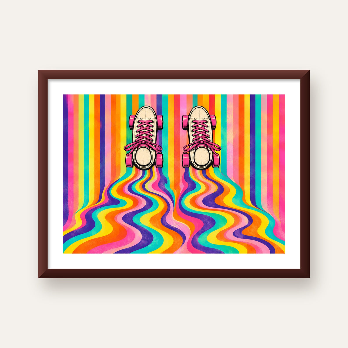 Retro Paten ve Renkli Çizgiler Dijital Poster Baskısı — ceviz çerçeveli paspartulu