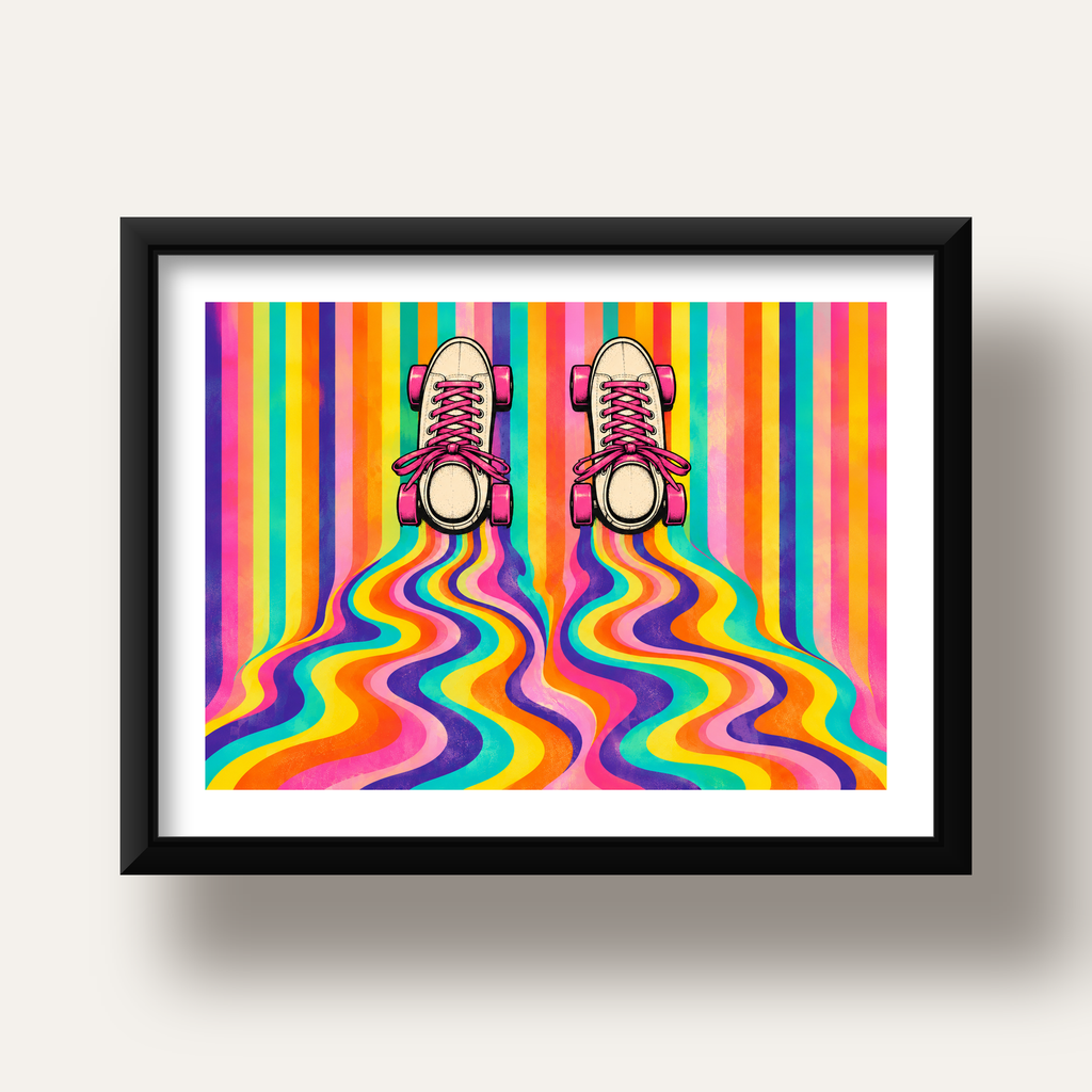 Retro Paten ve Renkli Çizgiler Dijital Poster Baskısı — siyah derin çerçeveli paspartulu