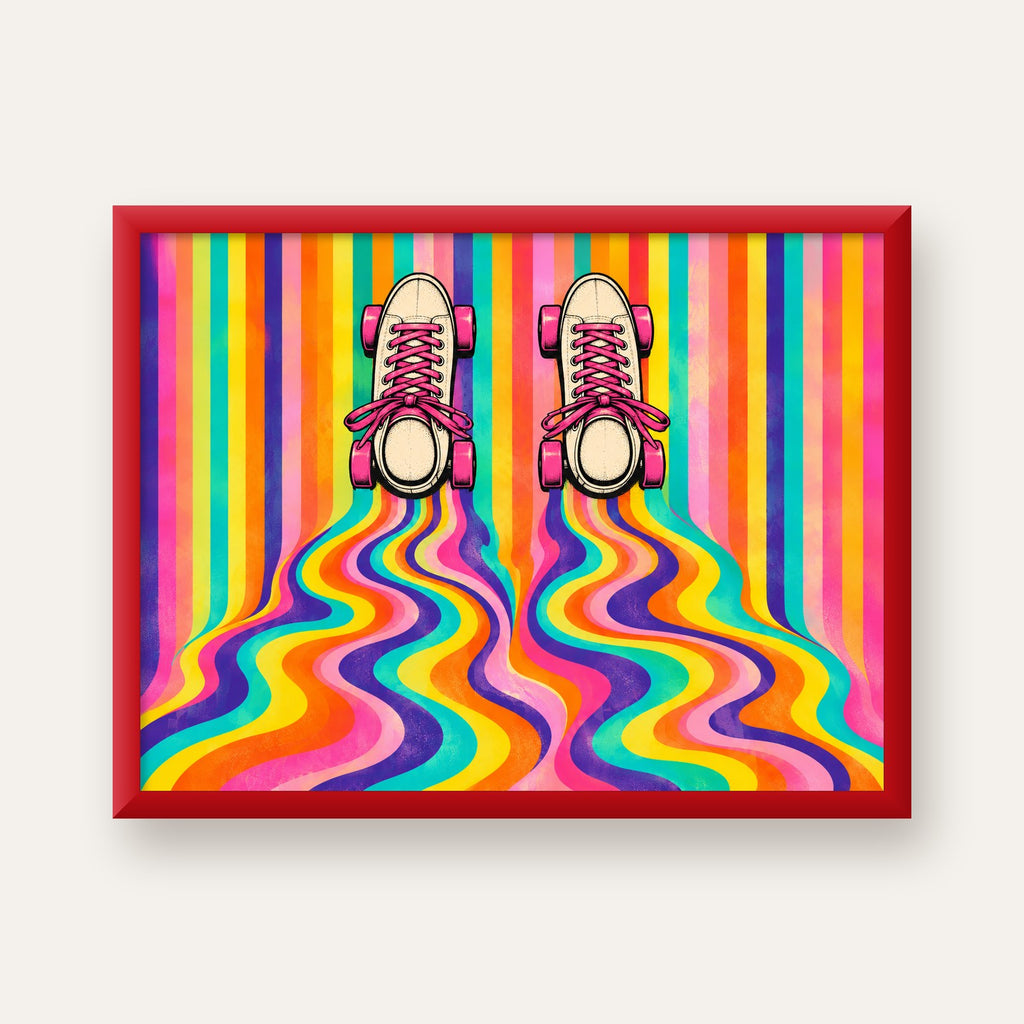 Retro Paten ve Renkli Çizgiler Dijital Poster Baskısı — kırmızı çerçeveli