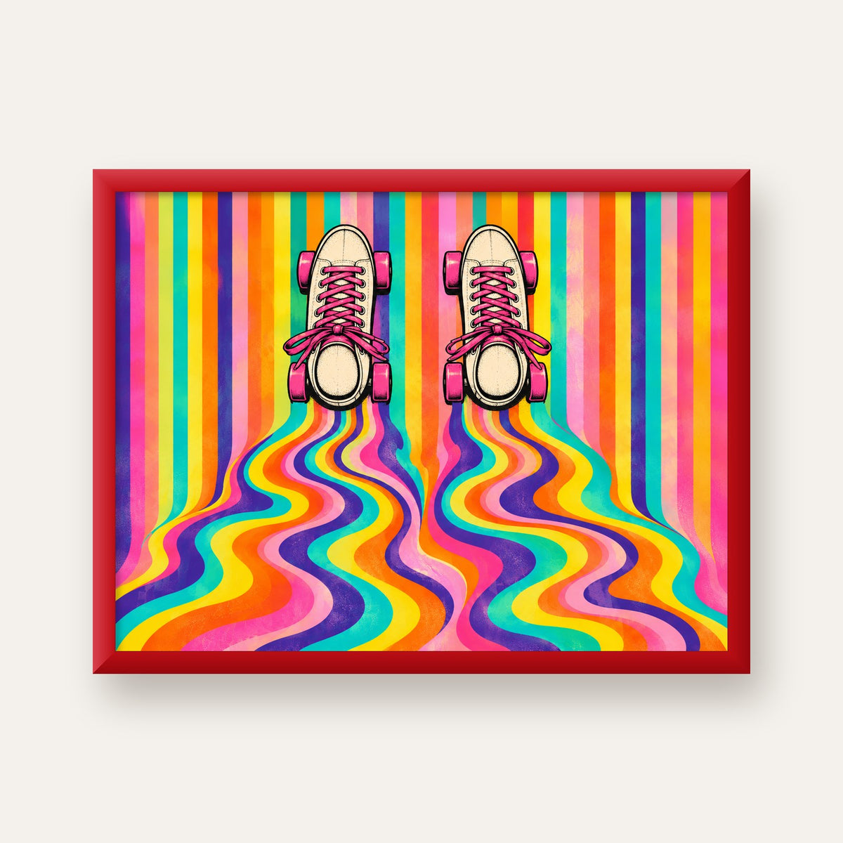 Retro Paten ve Renkli Çizgiler Dijital Poster Baskısı — kırmızı çerçeveli
