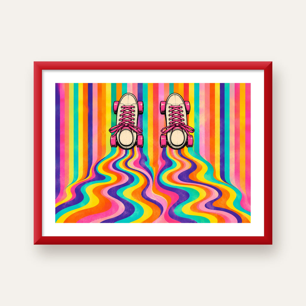 Retro Paten ve Renkli Çizgiler Dijital Poster Baskısı — kırmızı çerçeveli paspartulu