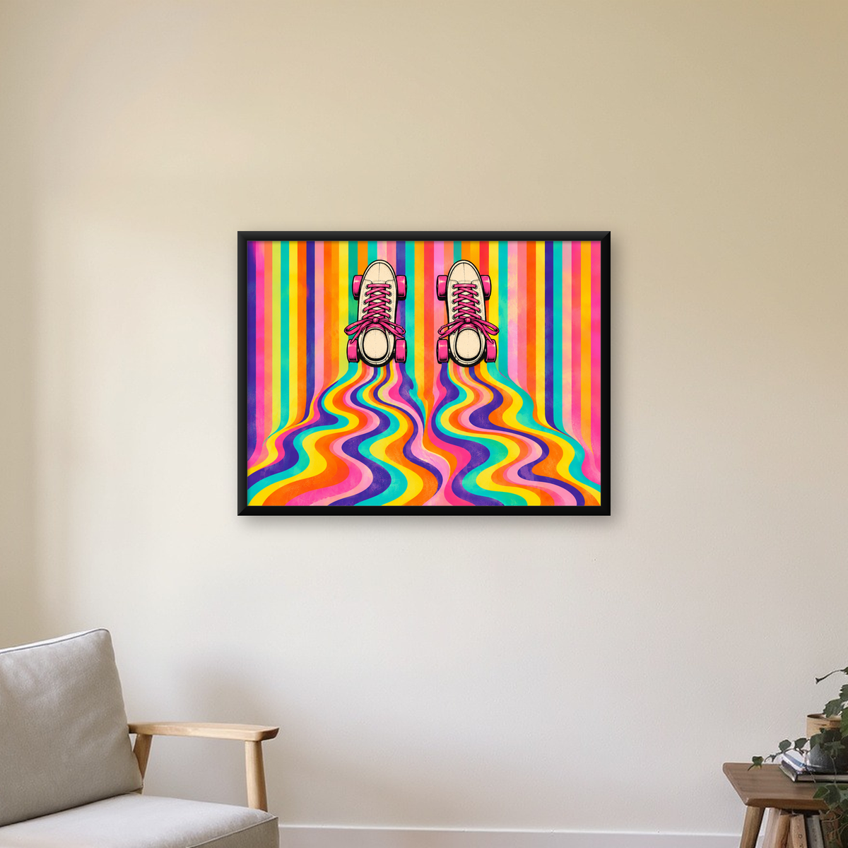 Retro Paten ve Renkli Çizgiler Dijital Poster Baskısı — Yatay baskı, çerçeveli hâliyle bir ev duvarında