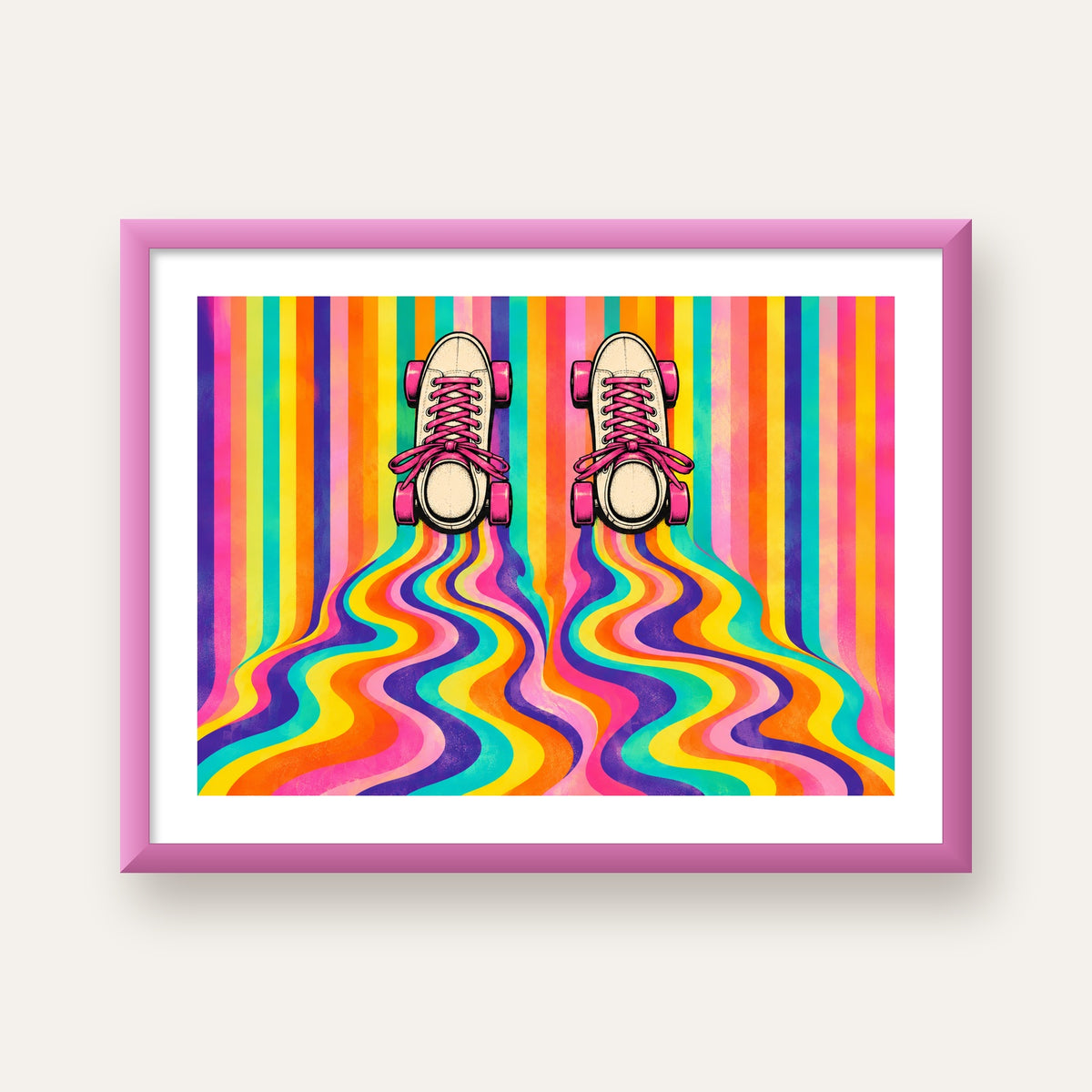 Retro Paten ve Renkli Çizgiler Dijital Poster Baskısı — pembe çerçeveli paspartulu