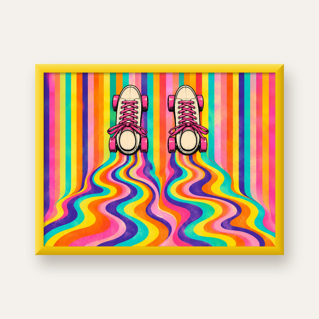 Retro Paten ve Renkli Çizgiler Dijital Poster Baskısı — sarı çerçeveli