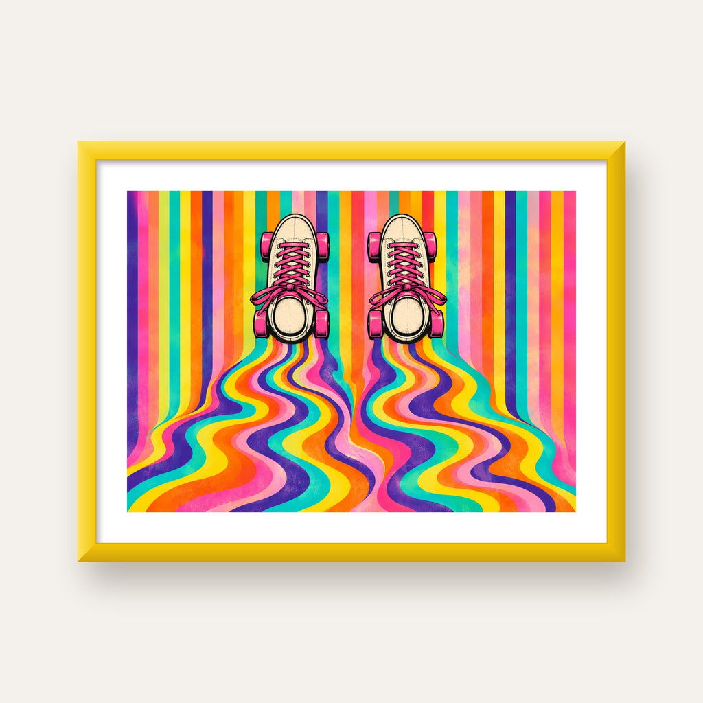 Retro Paten ve Renkli Çizgiler Dijital Poster Baskısı — sarı çerçeveli paspartulu