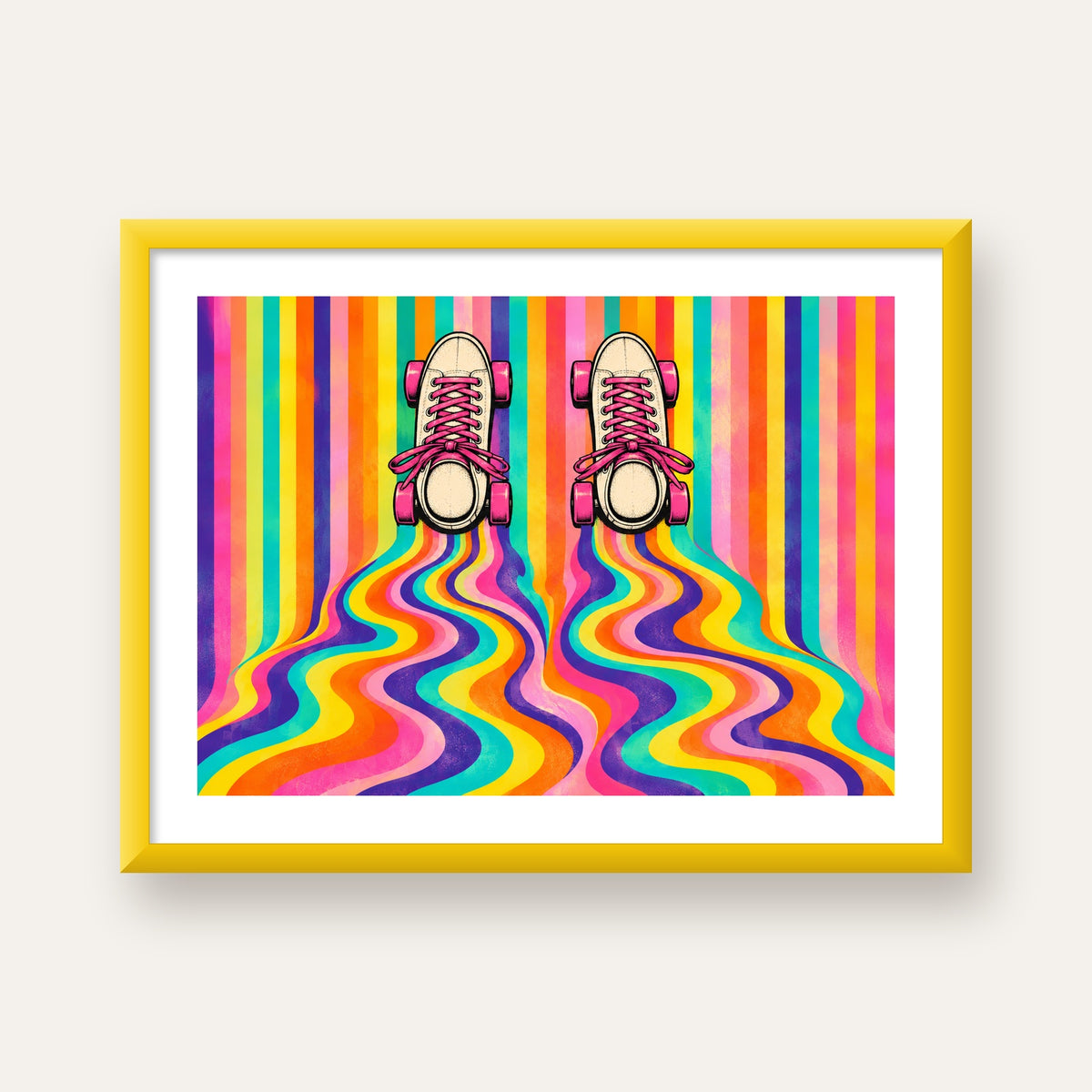 Retro Paten ve Renkli Çizgiler Dijital Poster Baskısı — sarı çerçeveli paspartulu