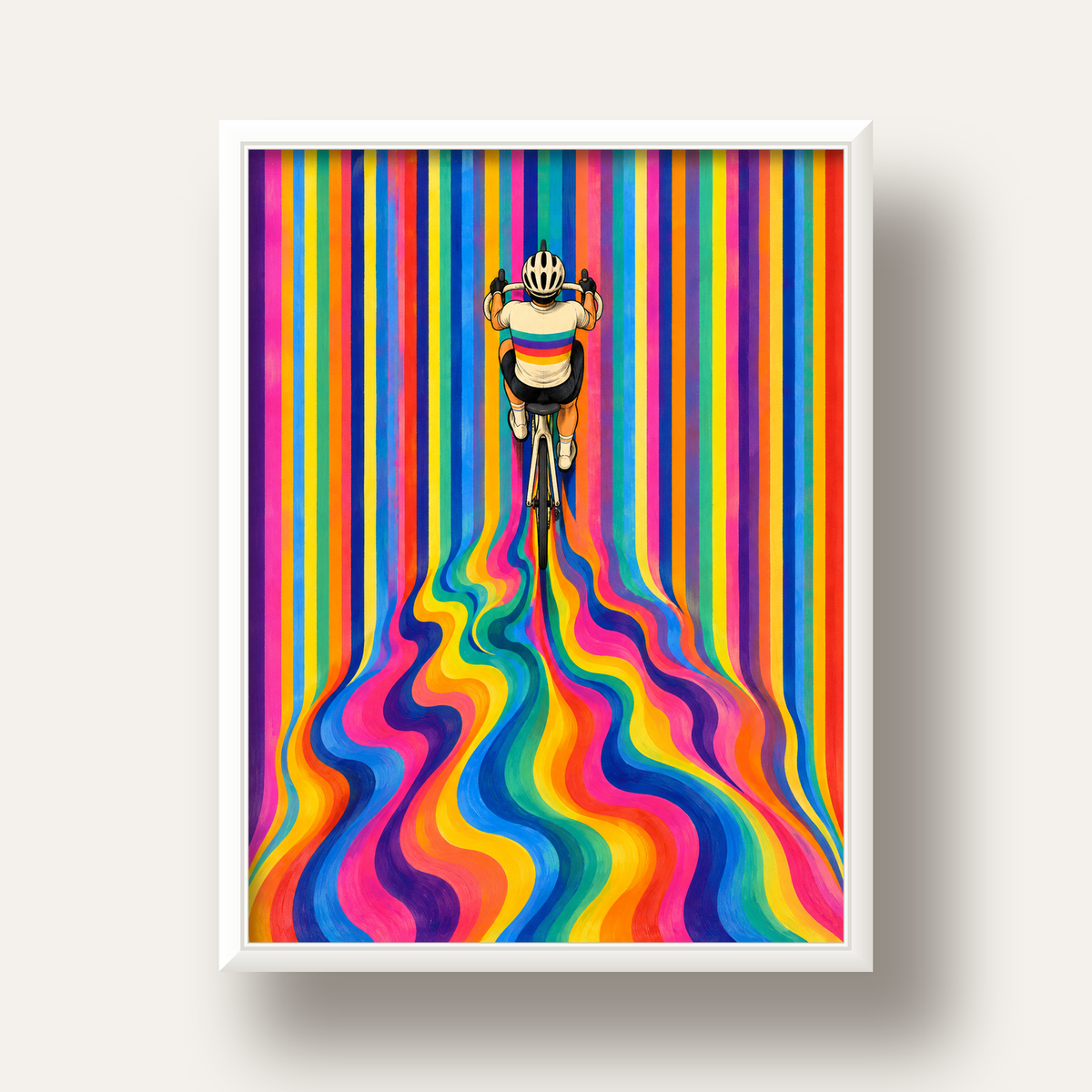 Renkli Çizgiler Arasında Bisikletçi Sanat Poster — beyaz derin çerçeveli