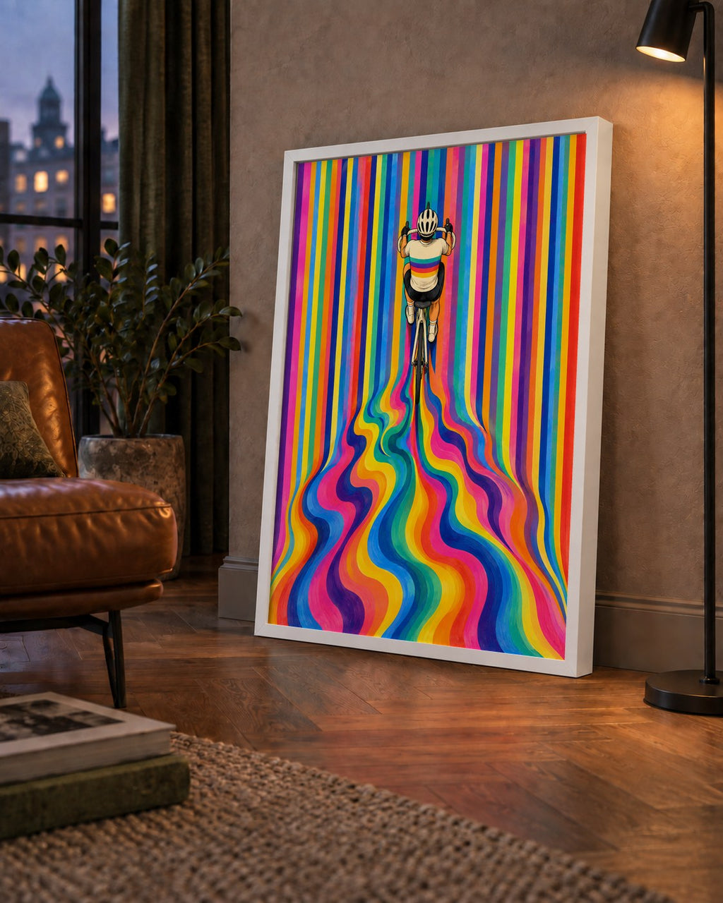 Renkli Çizgiler Arasında Bisikletçi Sanat Poster — çerçeveli hâliyle bir ev duvarında