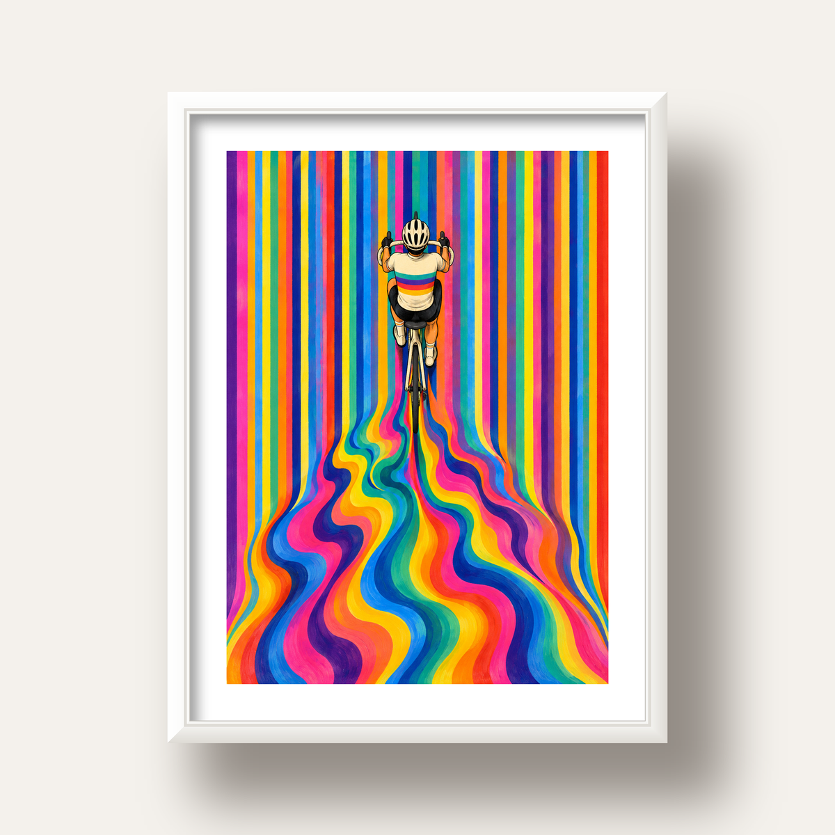 Renkli Çizgiler Arasında Bisikletçi Sanat Poster — beyaz derin çerçeveli paspartulu