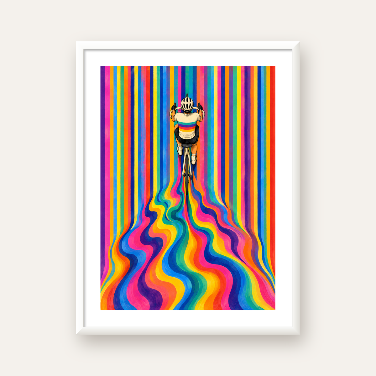 Renkli Çizgiler Arasında Bisikletçi Sanat Poster — beyaz çerçeveli dikey poster