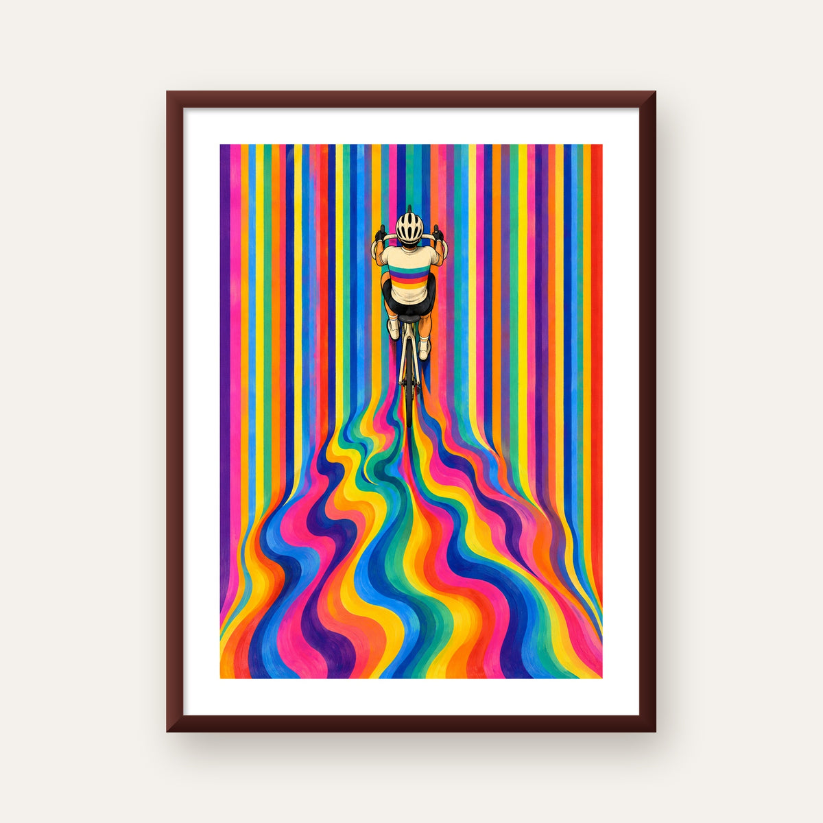 Renkli Çizgiler Arasında Bisikletçi Sanat Poster — ceviz çerçeveli paspartulu