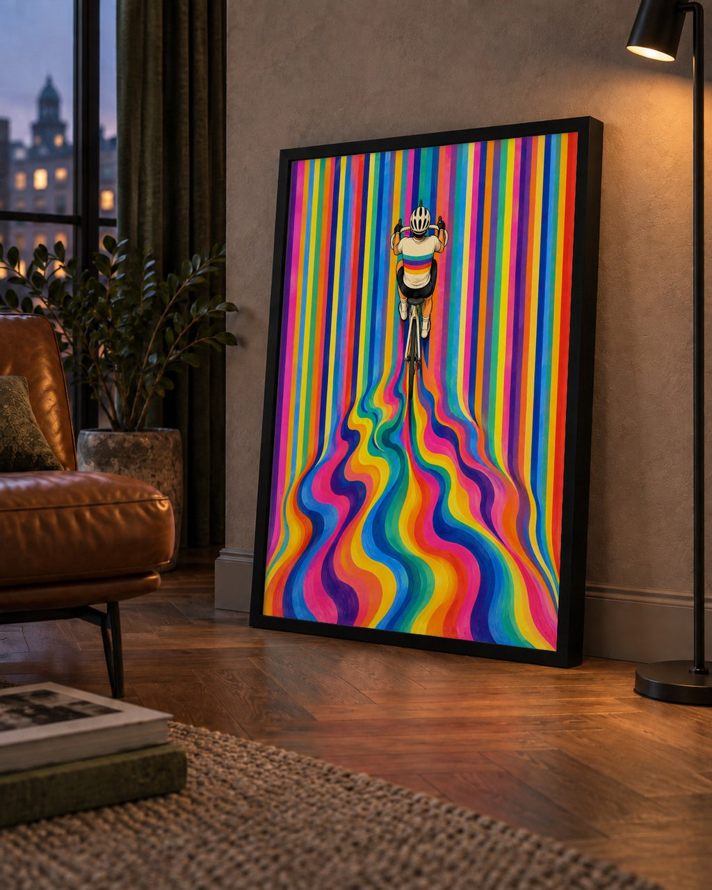 Renkli Çizgiler Arasında Bisikletçi Sanat Poster — çerçeveli hâliyle bir ev duvarında
