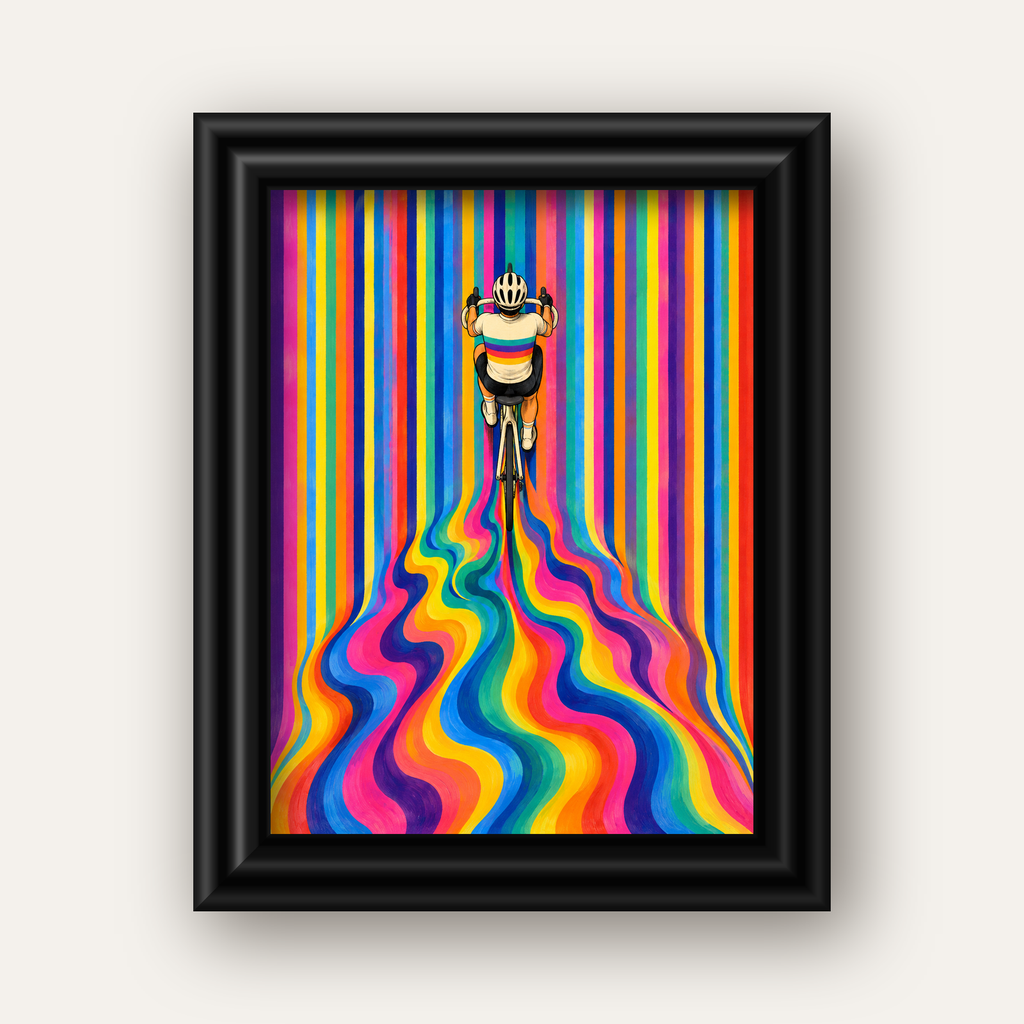 Renkli Çizgiler Arasında Bisikletçi Sanat Poster — siyah galeri çerçeveli