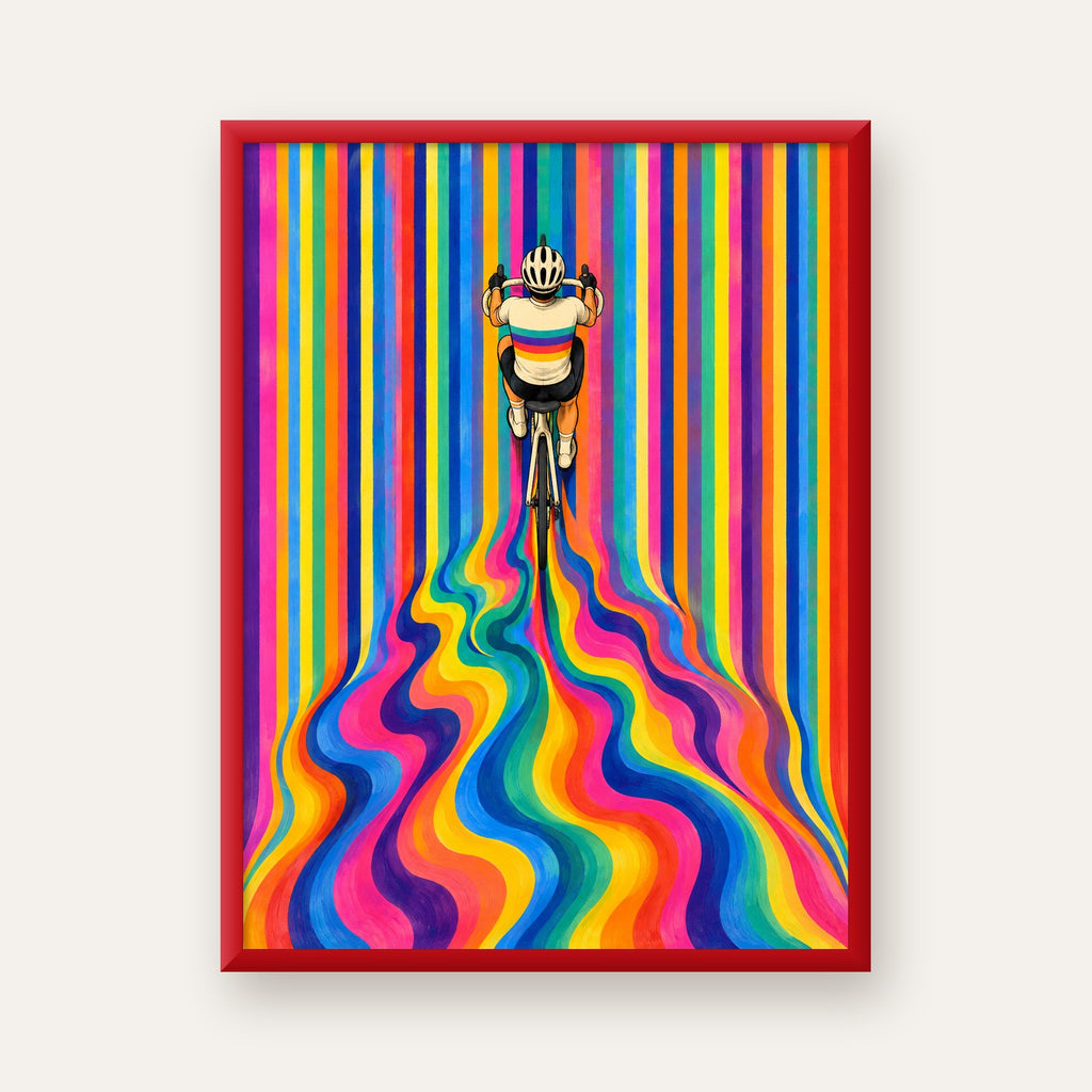 Renkli Çizgiler Arasında Bisikletçi Sanat Poster — kırmızı çerçeveli